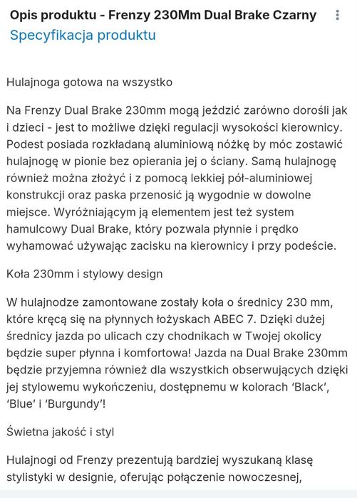 Hulajnoga miejska FRENZY 230MM dual brake recreational czarna