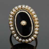 Złoty pierścionek żałobny z perełkami stary ANTYK bardzo duży 9K