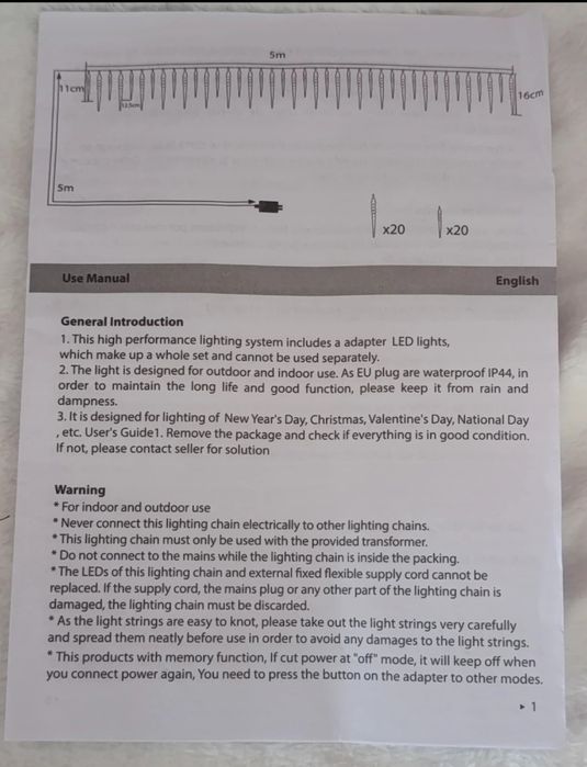 Łańcuch świetlny LED Sople lodu 40 lampek 10 m Zimna biel (6000 K)