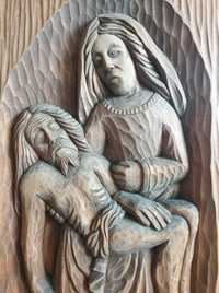 rzeźba drewno płaskorzeźba antyk Pieta Maryja Jezus Madonna