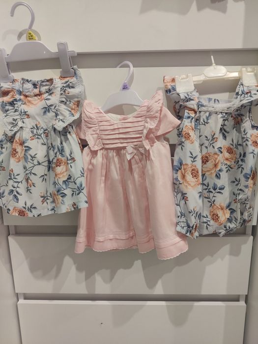 Zestaw paka paczka komplet sukienki rampers 56/62/68 bejbi blue roż