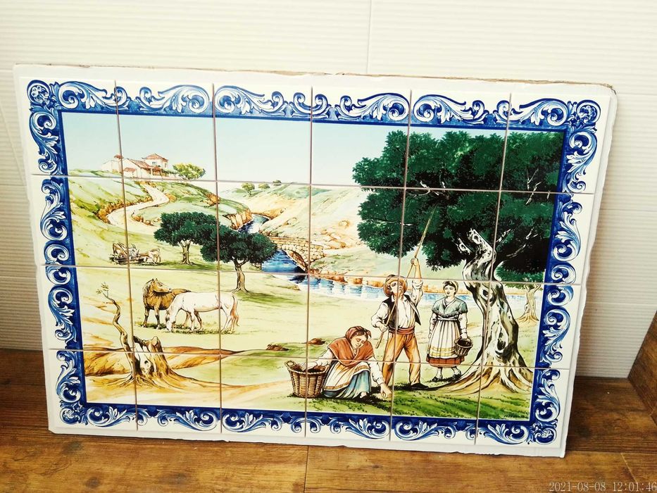 Painel de Azulejos Apanha da Azeitona Oliveiras 60x45 CM Quadro Olival