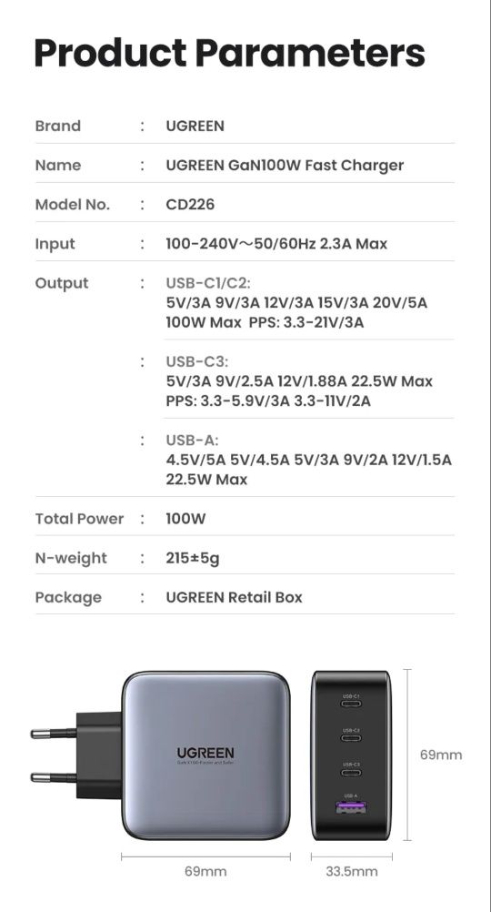 Зарядное устройство UGREEN USB Type-C, 100 Вт, GaN, для Macbook и теле