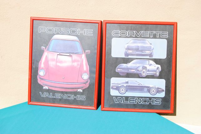 2 quadros antigos Corvette e Porsches Valenchis
