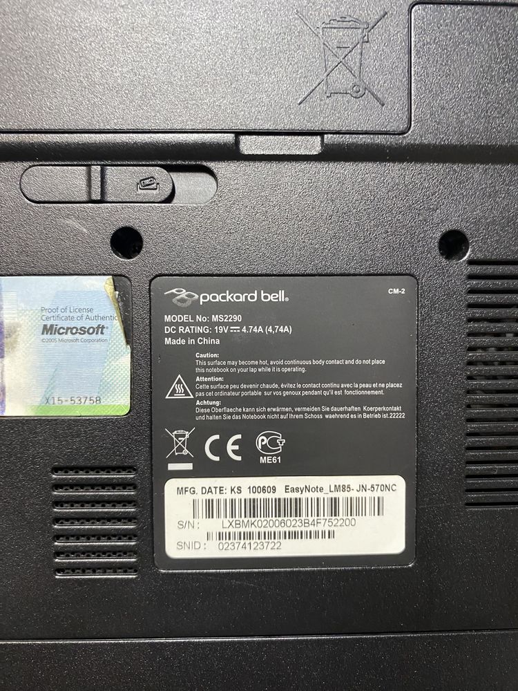 Ноутбук Packard Bell MS2290 17"/3GB RAM/300GB HDD! N2142
