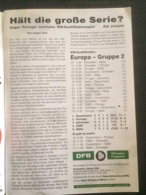 Revista - Alemanha vs Portugal - Golo Carlos Manuel -Apur. Mundial 86