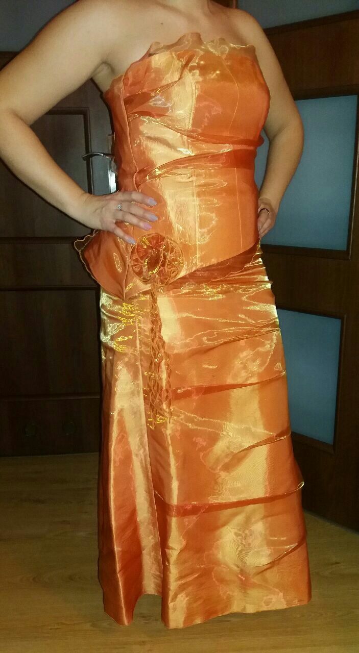 Sukienka pomarańczowa + szal GRATIS studniówka wesele sylwester