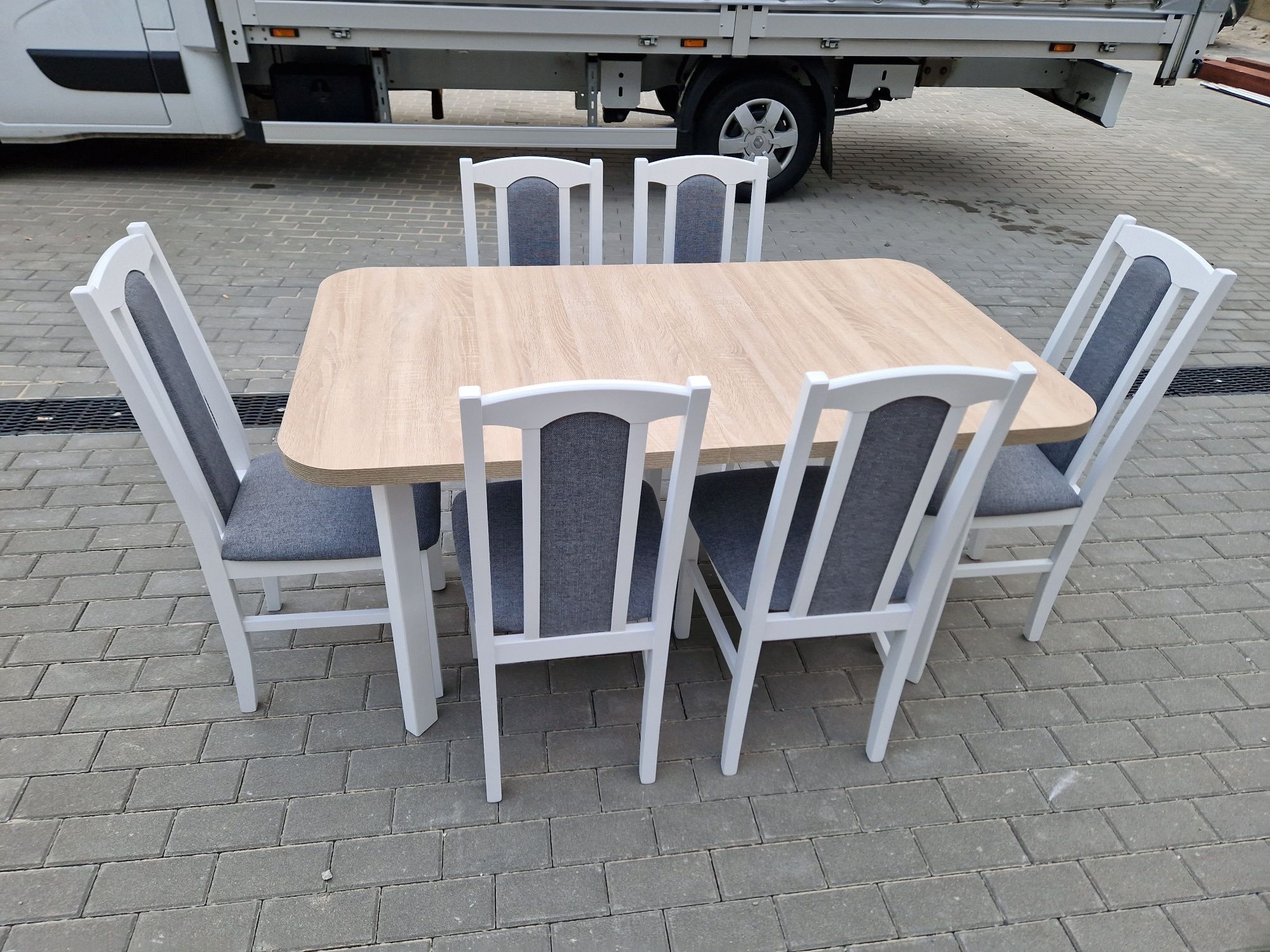 Stół 80x140/180 + 6 krzeseł, biały/sonoma + szary ,dostawa cała POLSKA