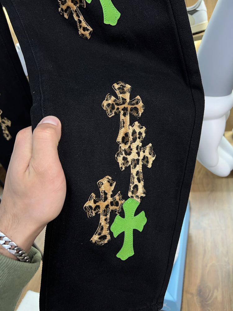 Джинси CHROME HEARTS Chest Black Logo Green / Leopard