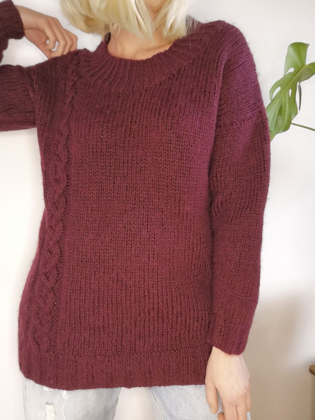 Gruby bordowy wełniany sweter oversize warkocze wełna moher handmade