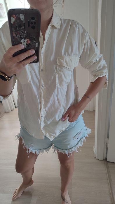 Jedwabno-bawełniana koszula damska ecru na lato Zara rozm S/M lato