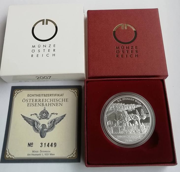 Австрія 20 євро 2007р. СРІБЛО. ПРУФ. Австрійська - Південна залізниця