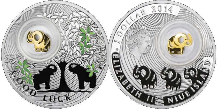 Niue 2014 1 dolar Szczęśliwe Monetki- Lucky Coin Słonie