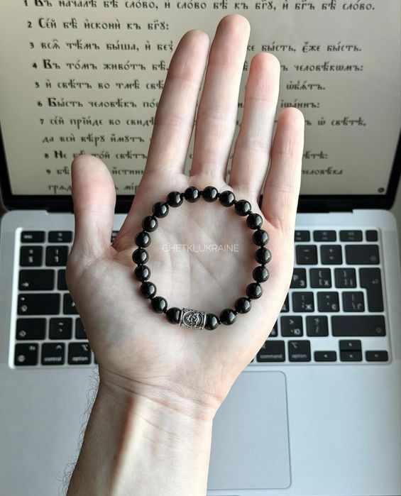 Чотки з каменю 8мм на руку Четки на руку мужской браслет черный сталь