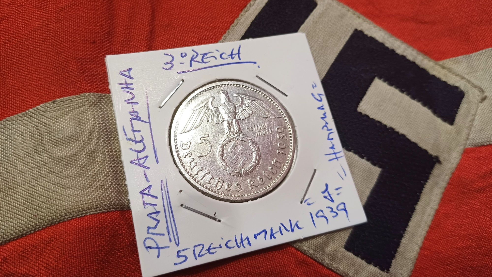 PROMOÇÃO--5 reichsmark PRATA 1939 J escassa Alemanha nazi-suástica