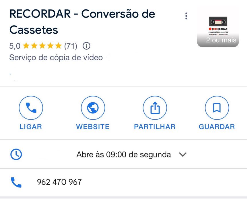 Conversão de Cassetes VHS / Mini DV / VHS-C / Hi8 para formato digital