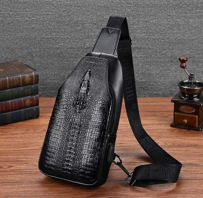 Чоловіча черная коричневая сумка бананка барсетка ранец з крокодилом