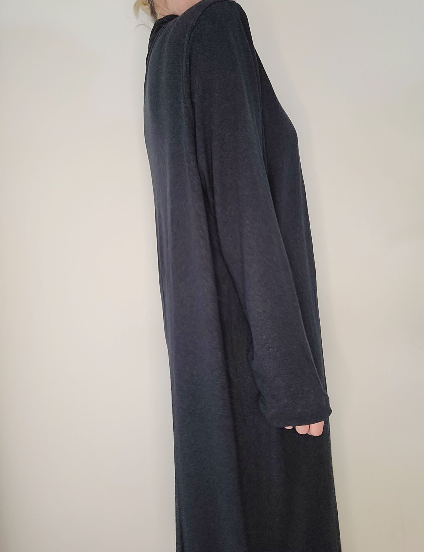 Długa lniana sukienka koszulowa z kołnierzykiem oversize H&M