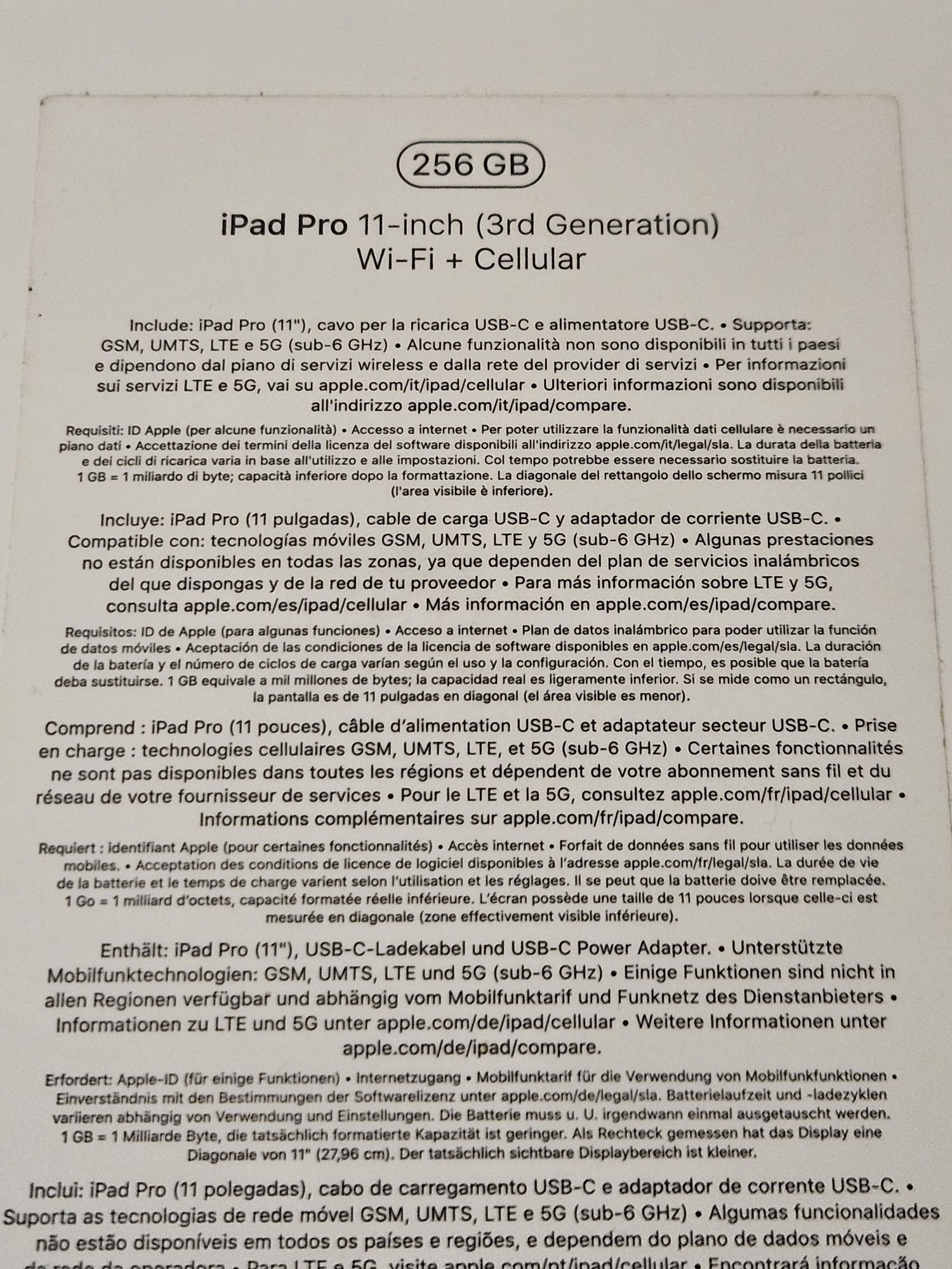 iPad Pro 11 M1 3a geração 256GB WiFi+5G