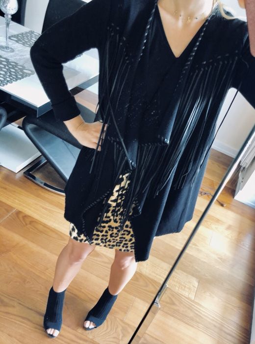 Sweter Zara frędzle skóra r. M kardigan oversize