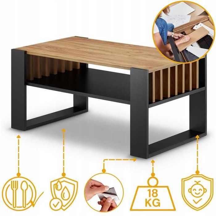 NOWY Stolik Kawowy Do Salonu Drewniany 92cm Ława Lamele z Półką Dąb