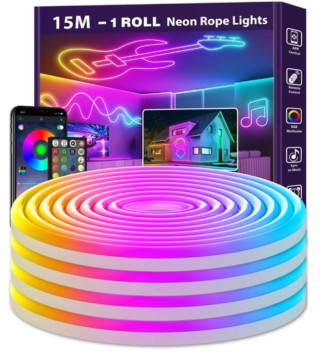 taśma LED RGB, 15 m, elastyczna, Backlight sterowanie pilotem lub Apl.
