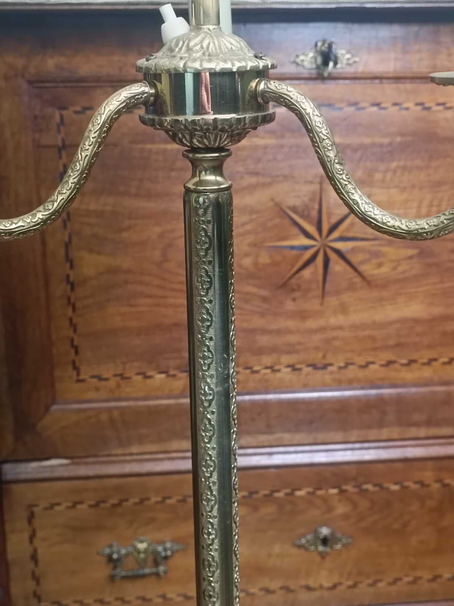 Lampa Stojąca Podłogowa Stylowa Antyk Złocona Rzeźbiona Mosiądz Abażur