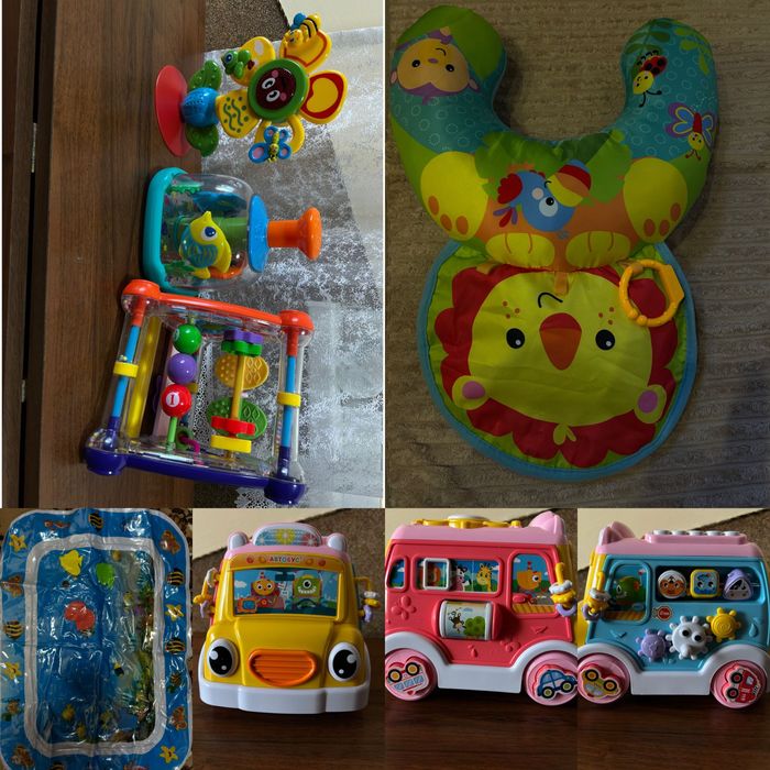 Іграшки (автобус, квітка, коврик водний та подушка з брязкальцями)