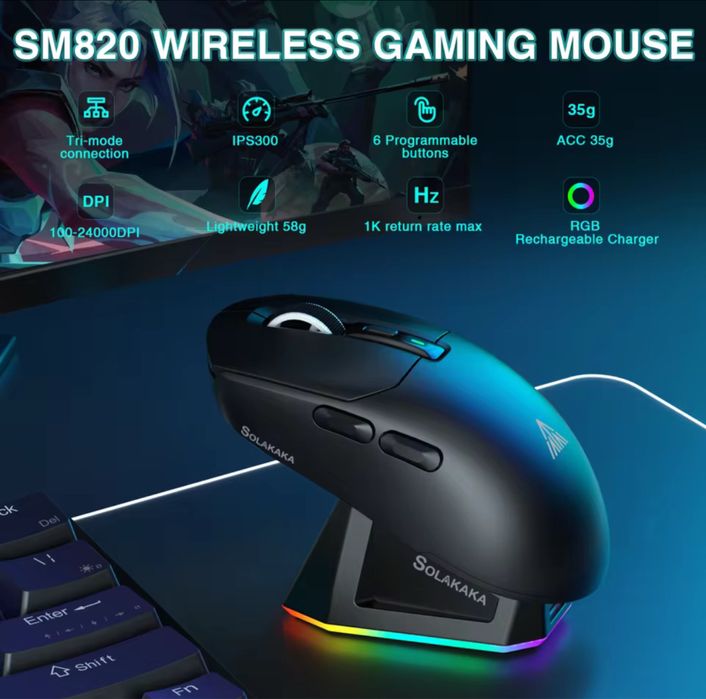 Бездротова ігрова миша SOLAKAKA SM820 Bluetooth 24000 DPI RGB PAW3311