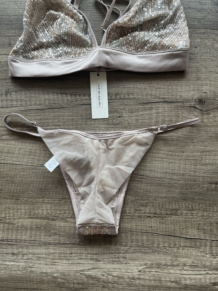 Komplet bielizny Intimissimi 85B beż tiul cekiny