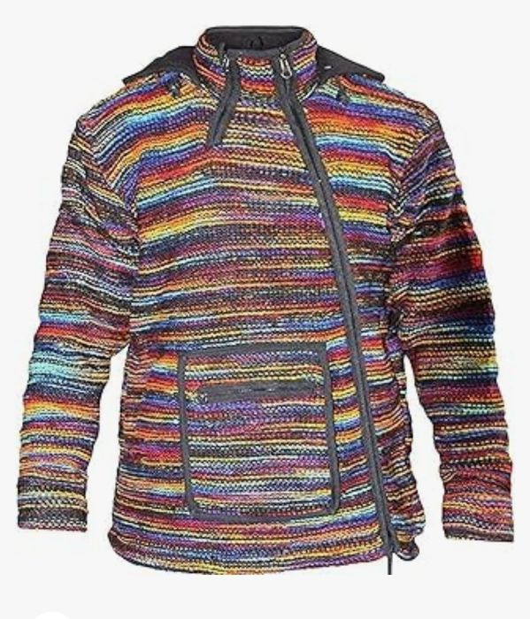 MODA SHOPOHOLIC Męska wielokolorowa wełniana kurtka hipisowska z kaptu