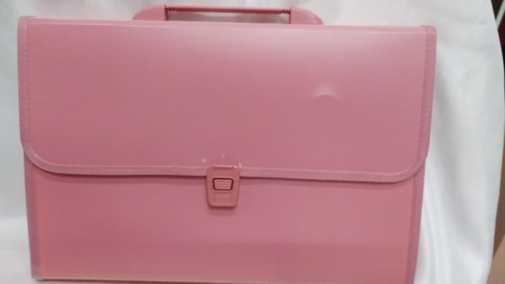 Пластиковый портфель розового цвета.