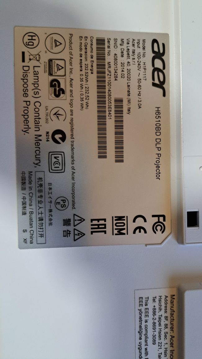 Projektor DLP Acer H6510BD biały