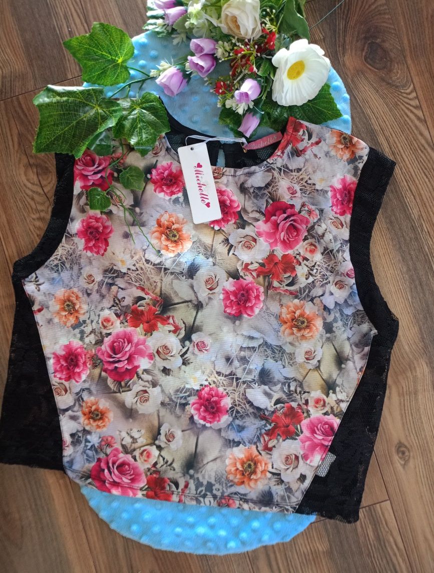 Bluzka top kwiaty koronka L/XL