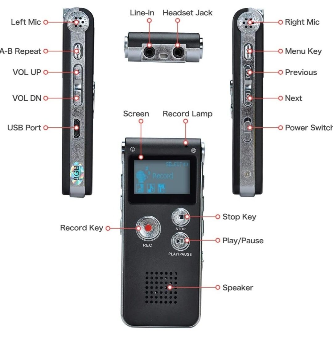 Цифровий диктофон, аудіозаписувач COVVY 8 ГБ, цифровий диктофон із фун