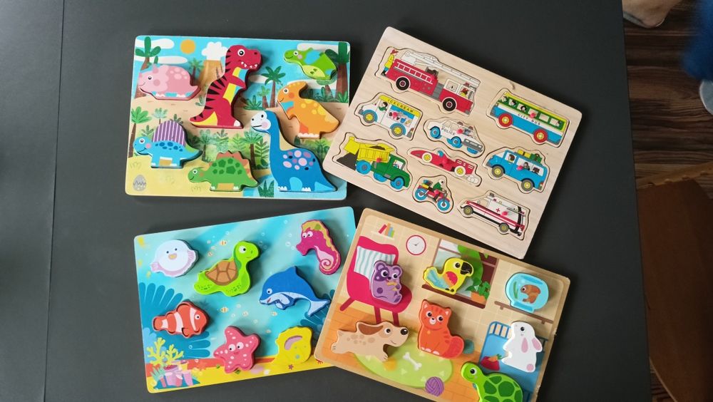 Drewniane układanki puzzle autka, dinozaury, zwierzęta wodne i domowe