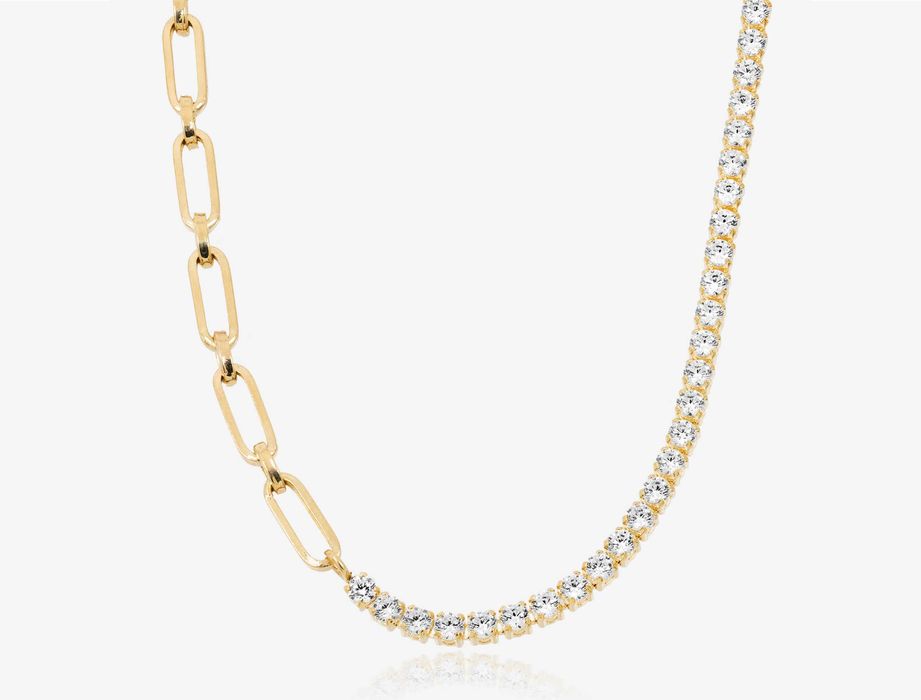 Złoty naszyjnik tenisowy cyrkonie, tenisówka 585, łańcuszek spinacz