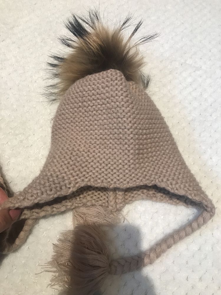 Czapka i szalik 86-98 wełna cienki wiosna beżowy, naturalny pompon lis