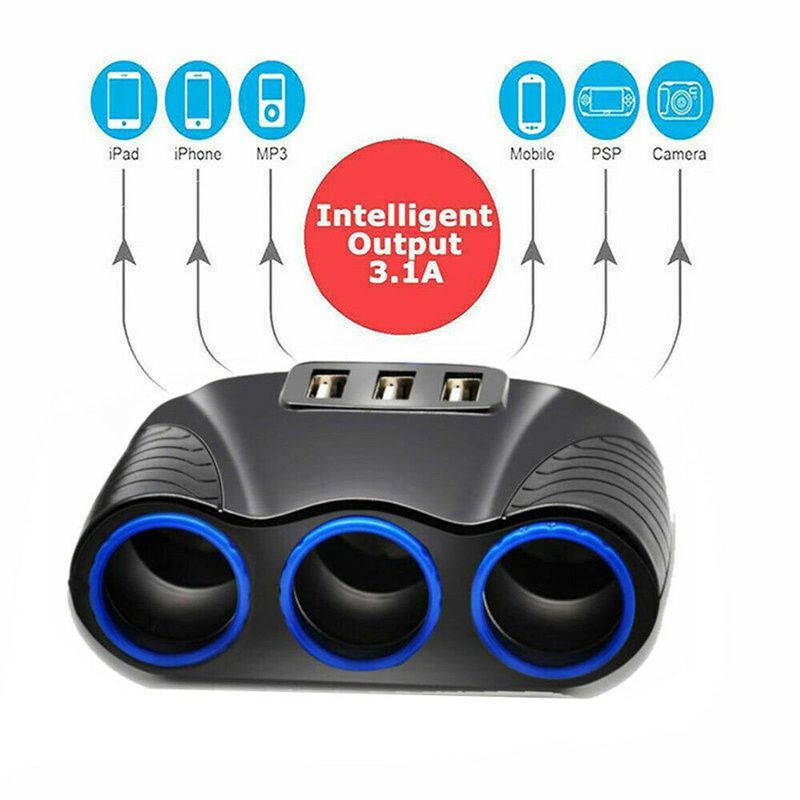 Tripla isqueiro + Carregador USB para carro 120W e 3.1A SELADO