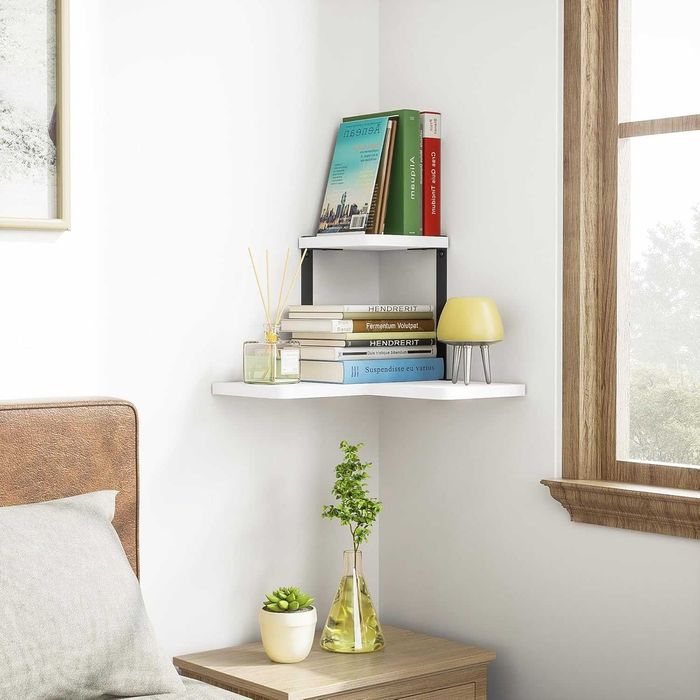 SRIWATANA Półka Narożna Wisząca Drewno Metal Vintage Biała