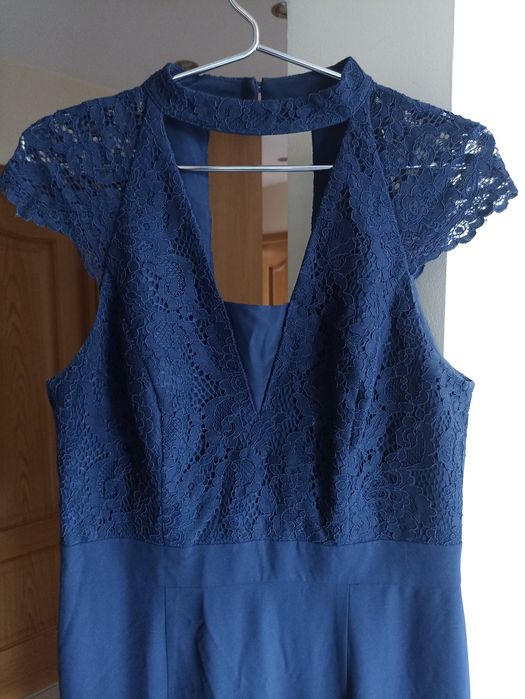 Sukienka maxi, długa, granat, koronka, syrenka, na wesele, elegancka,