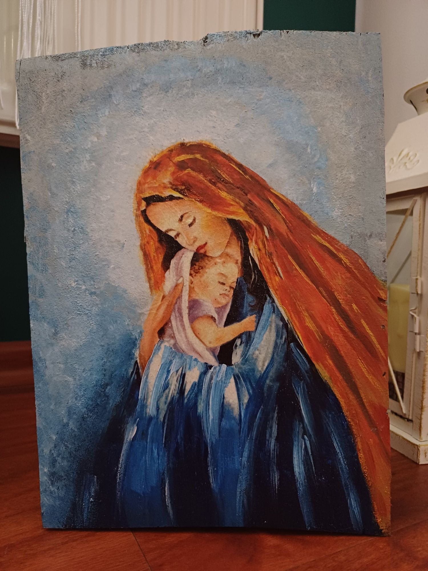 Obraz na desce, decoupage, Matka Boska z Dzieciątkiem