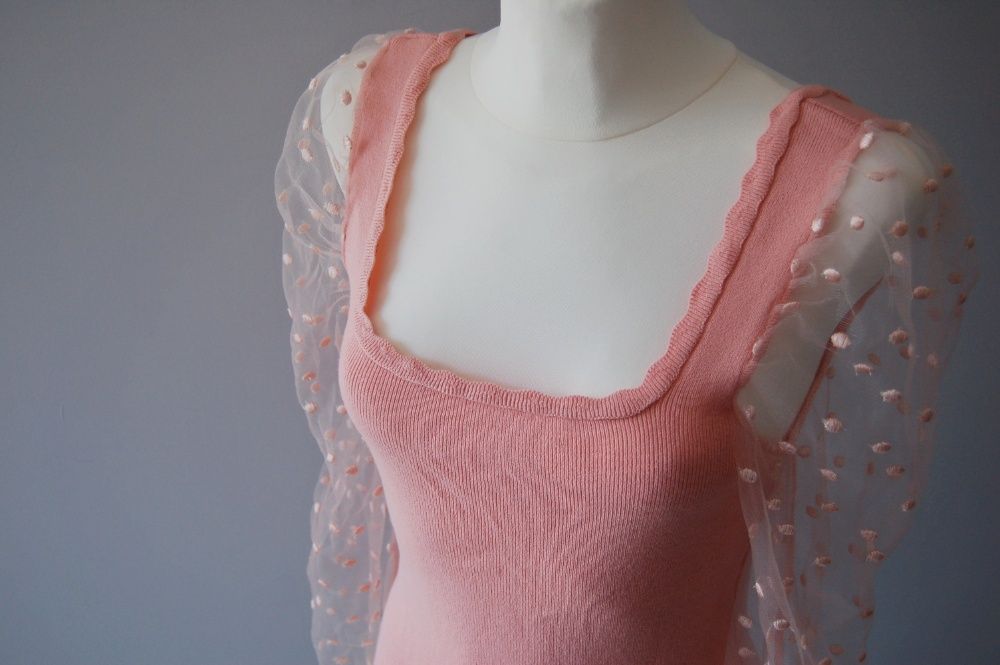 Reserved bluzka organza bufki pudrowy róż tiul 38 M