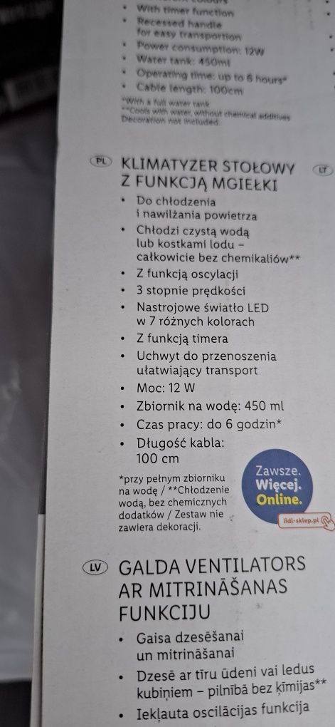 SILVERCREST Klimatyzer stołowy z funkcją mgiełki, nastrojowe światło