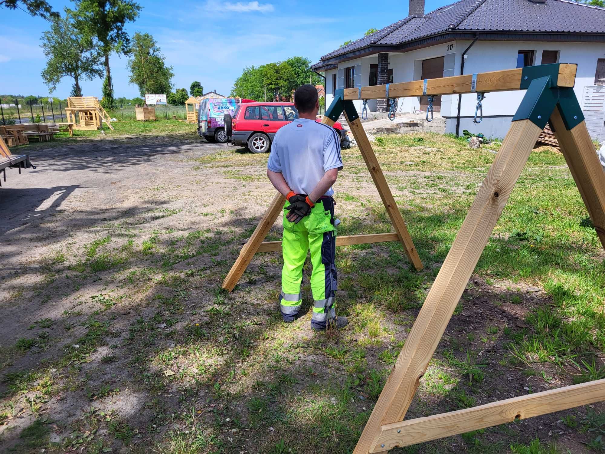 Huśtawka ogrodowa, siedzisko dębowe, bardzo masywna, transport, drewno