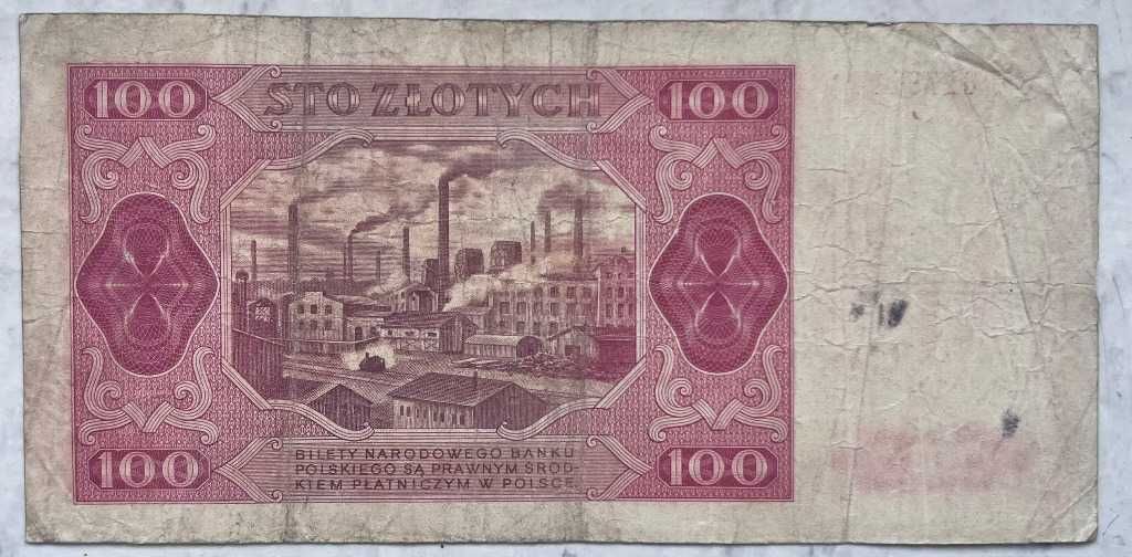 Banknot Polska PRL 100 Złotych 1948 r. Seria EM STAN IV F Fabrykant