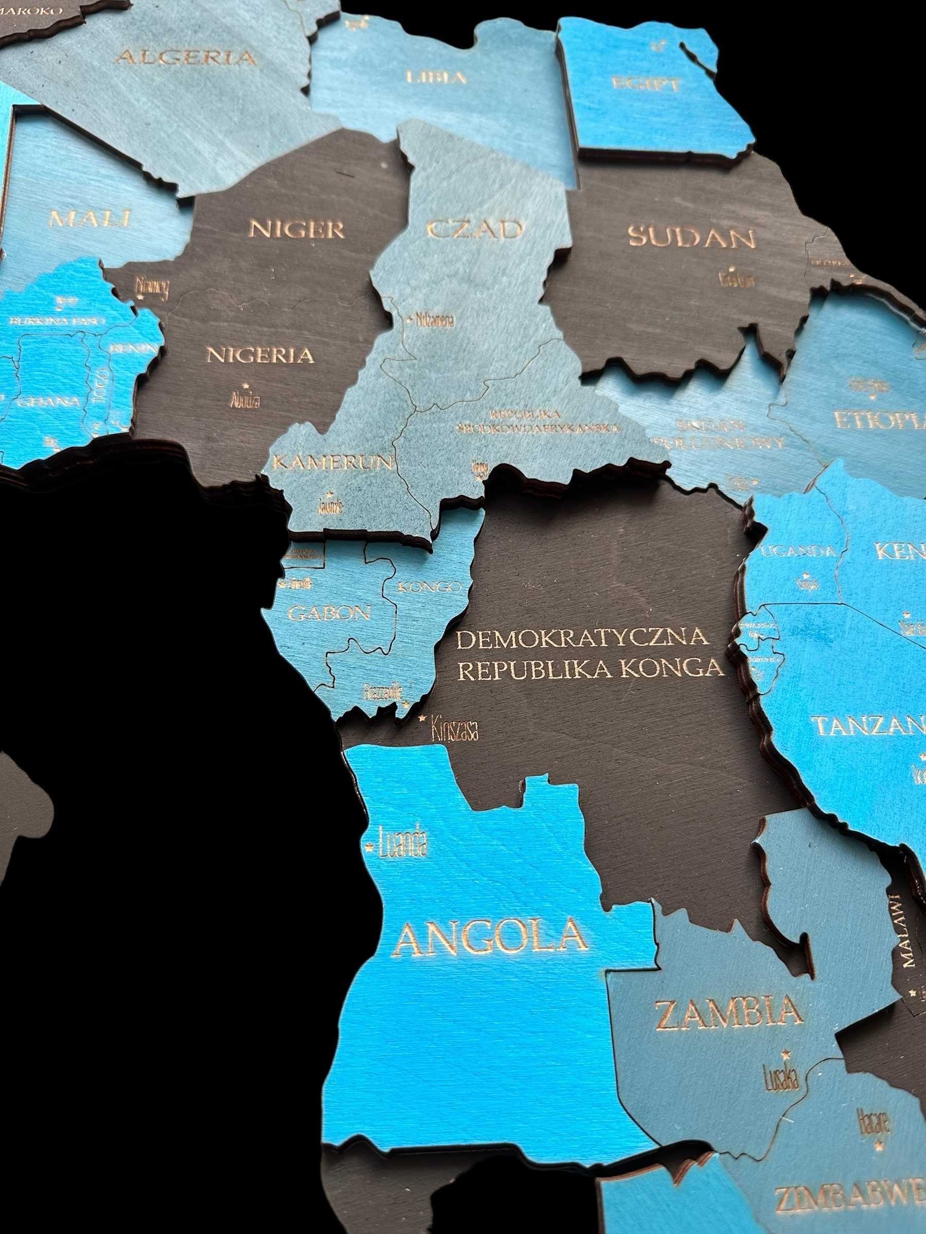 Mapa Świata 3D 210x126cm czarny, niebieski, prezent