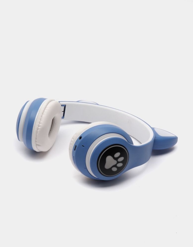 Светящиеся наушники с ушками синие /Bluetooth наушники для детей