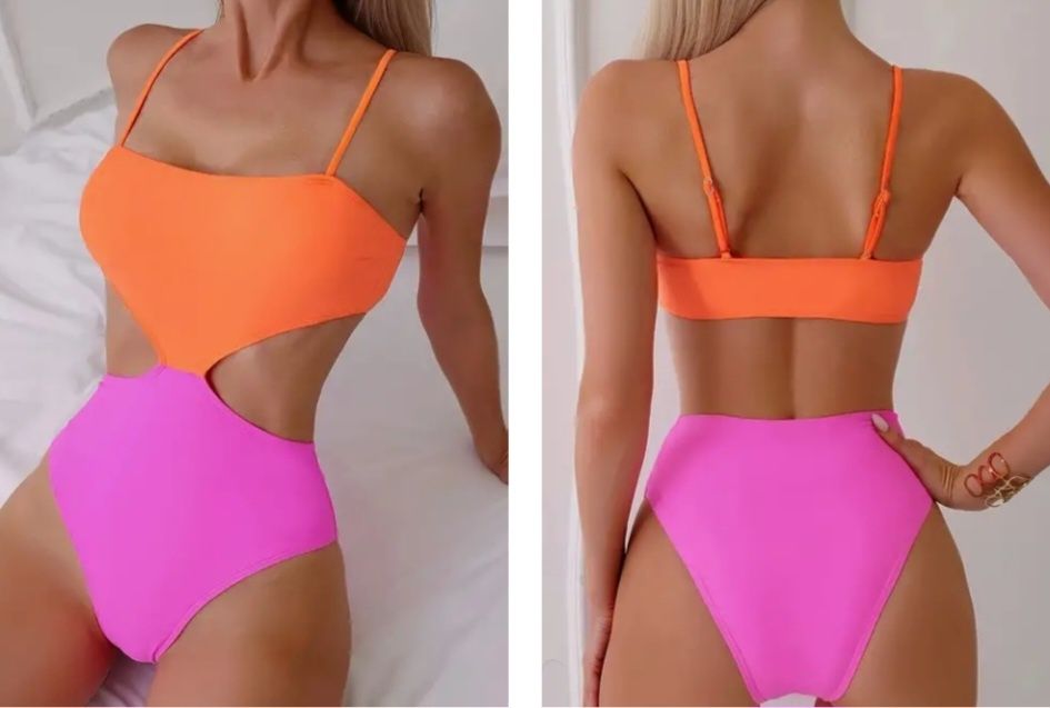 Strój kąpielowy pomarańczowo różowy color blocking