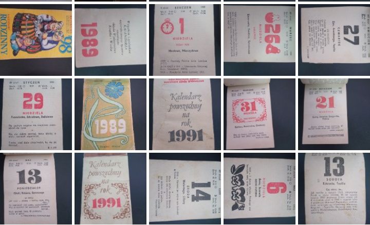 Kartki z kalendarz zdzieraka, rok 1973, 1989, 1991, 1998